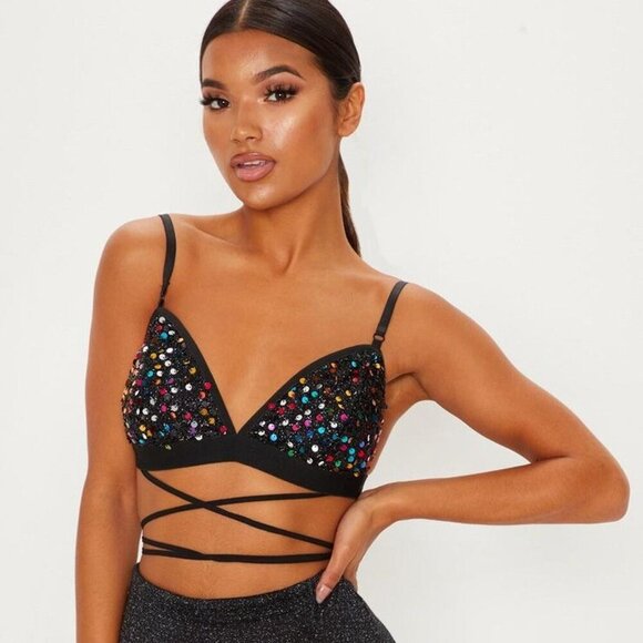 PrettyLittleThing Multi Sequin Harness Bralette - Size 4 - Picture 1 of 7